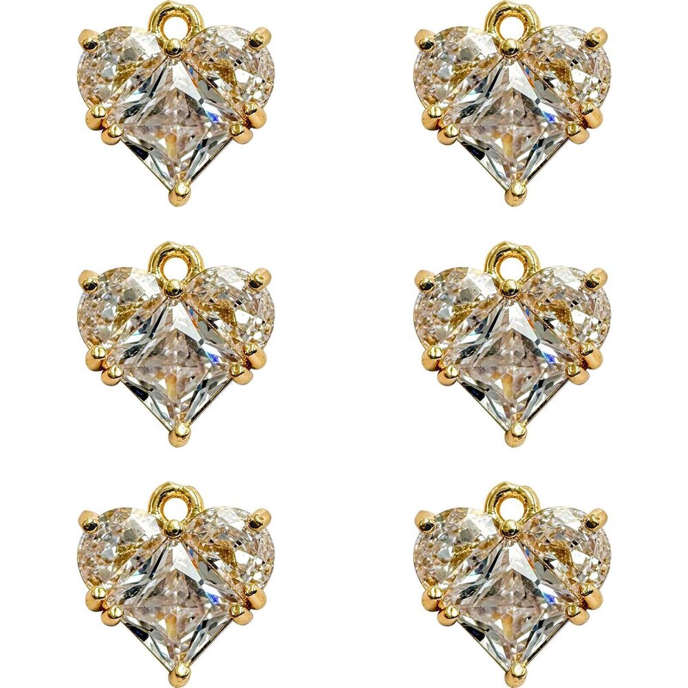 3570 6PCS Zircon White Heart Charms Patchwork Crystal Gold Plated Brass